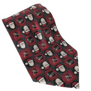Santa Claus Holly Print Christmas Red Green Silk Necktie